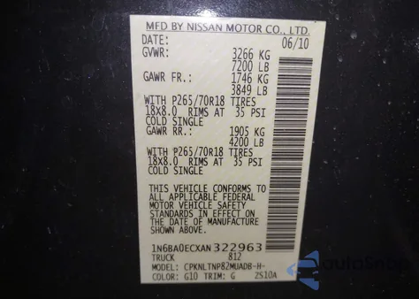 2010 Nissan Titan Xe/Se/Le/Pro-4X from USA, damaged, VIN 1N6BA0ECXAN322963